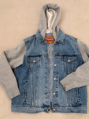 Levi's Blue Denim Jacket with Gray Hood and Sleeves